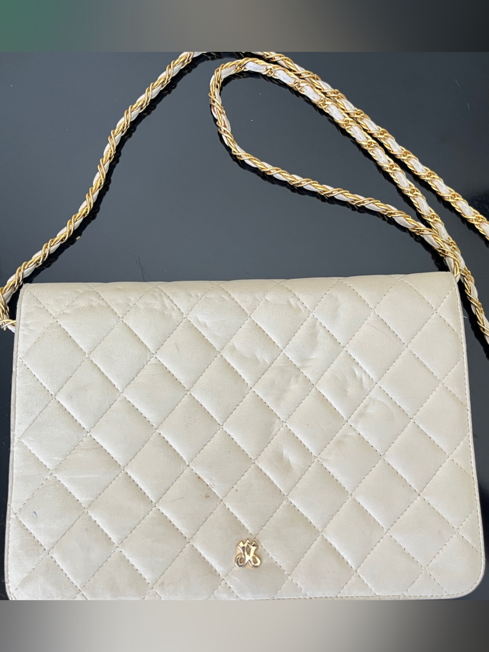 Vintage Jay Herbert Quilted Ivory Crossbody with Gold Chain Strap